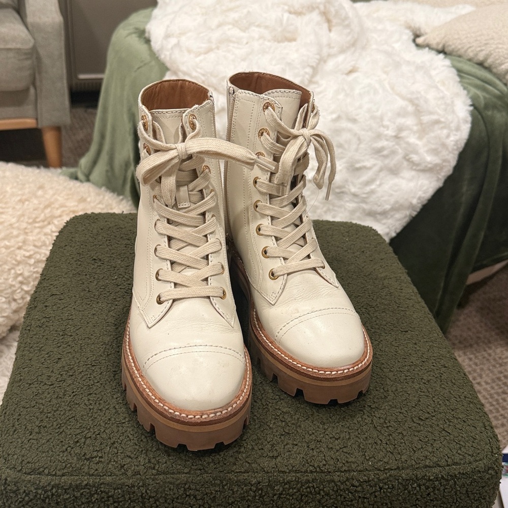 kate spade new York Merritt Lace Up Lug Sole Leather Bootie Halo White NIB